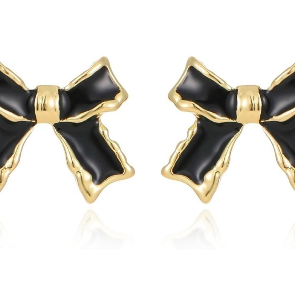 Mini Black Enamel Bow Stud Earrings